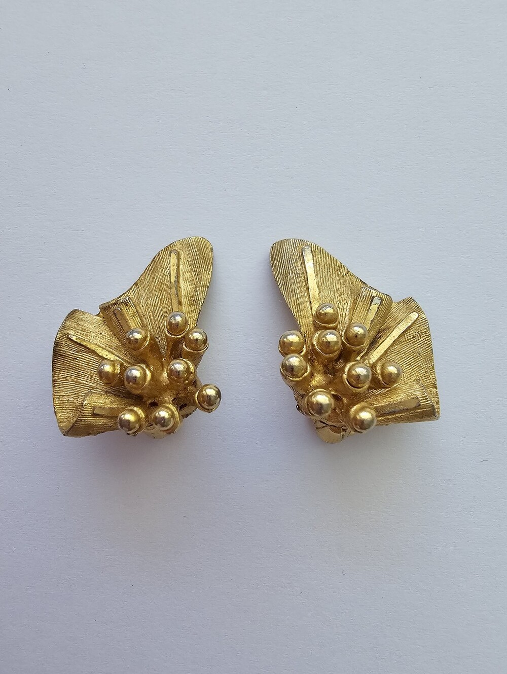 Vintage B.S.K. Gold-Tone Textured Floral Clip-On Earrings Brutalist Jewelry